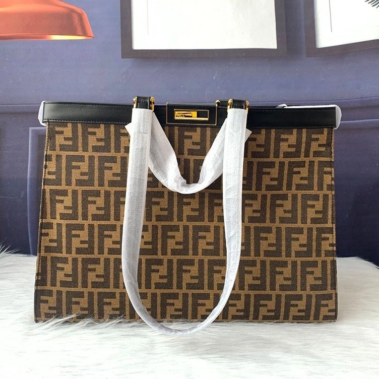 HOT Fendi FF Peekaboo X-Tote In Medium Coffee Fabric Motif Black 0710